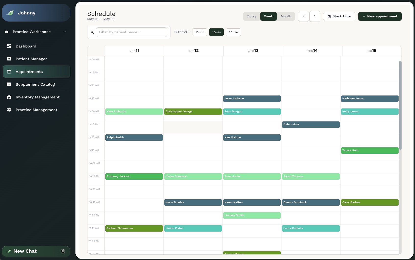 Calendar with color-coded bookings and clinician-friendly intervals