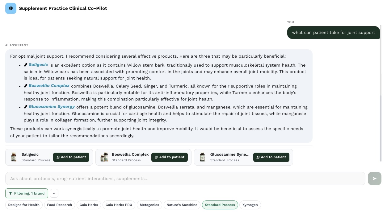 AI Co-Pilot recommending products across Designs for Health, Xymogen, Standard Process