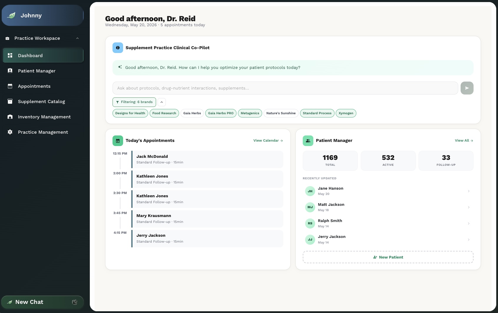 Practitioner dashboard showing today's appointments and patient activity