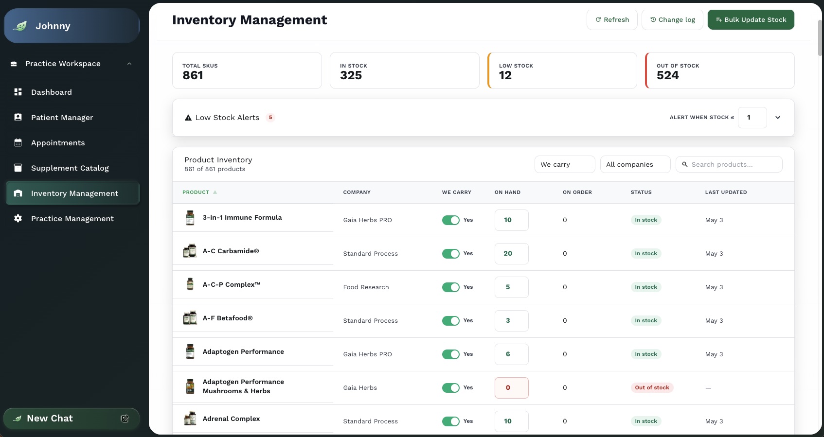 Inventory dashboard with low-stock alerts across hundreds of SKUs