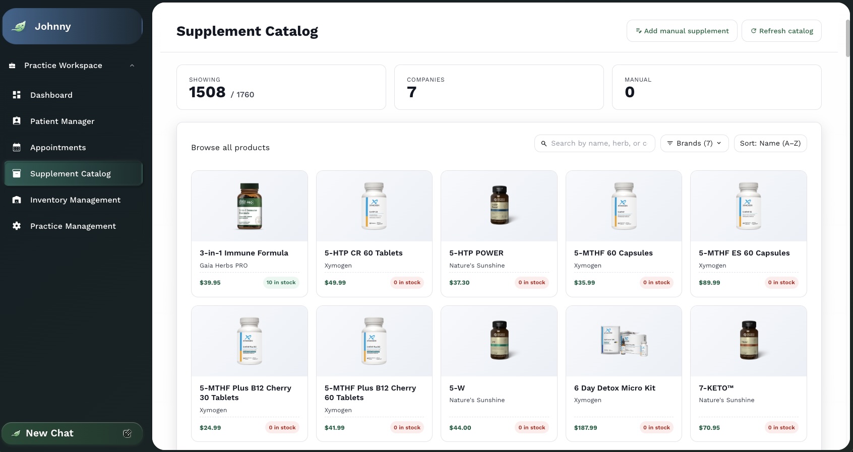 Catalog browser across 9 professional supplement brands