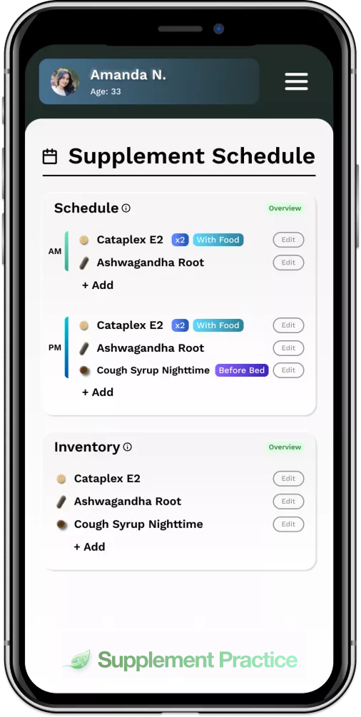 Supplement Practice app login screen showing the AI supplement scheduler dashboard preview.